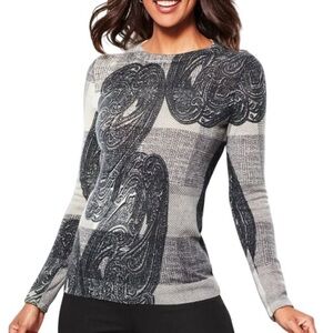 Talbots | Gray & Black Paisley 100% Cashmere Crewneck Sweater, Size MP